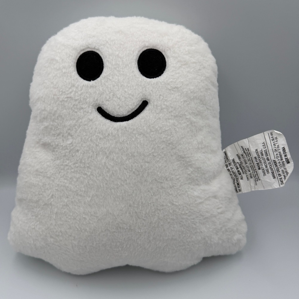 Target Halloween Ghost Plush Decorative Pillow White Fuzzy Smile 13.5x12